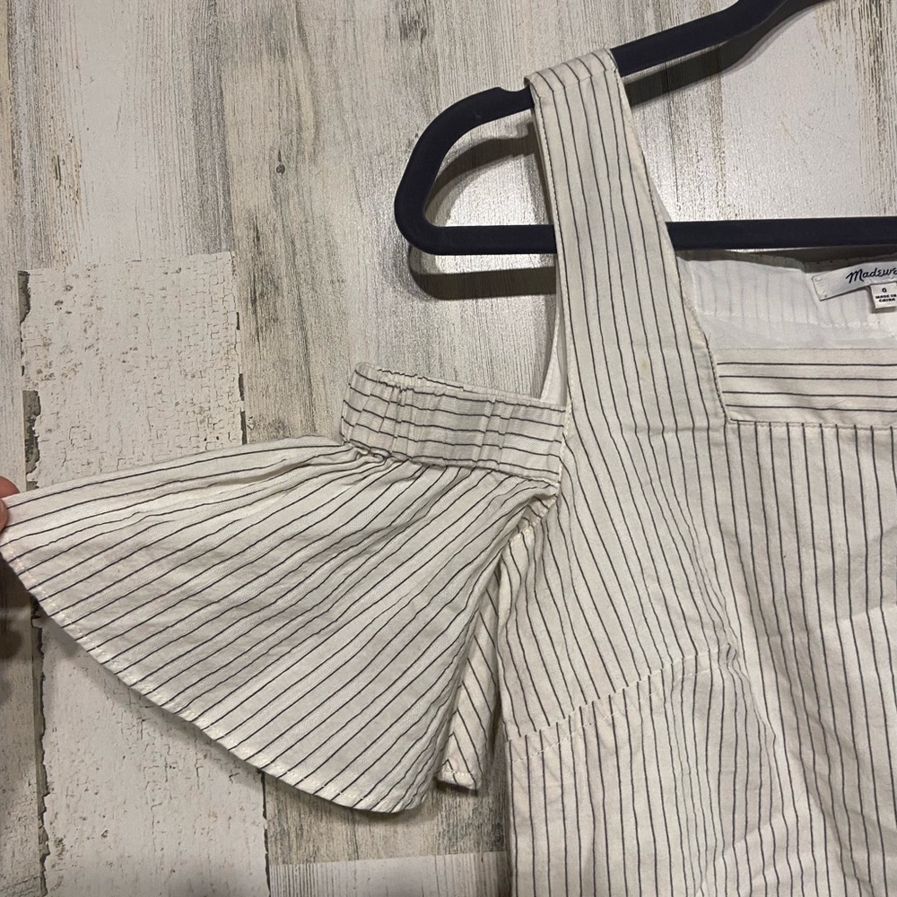 Madewell White Grey Striped Cold Shoulder Square Neck Shift Mini Dress 0 - Picture 3 of 11